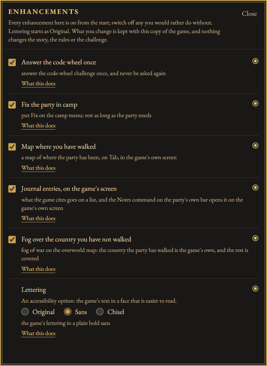 Amber Folio's Enhancements panel, with every enhancement switched on