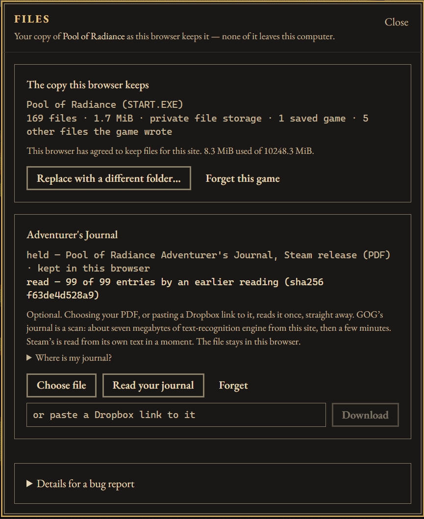Amber Folio's Files panel, showing the copy the browser keeps and the Adventurer's Journal