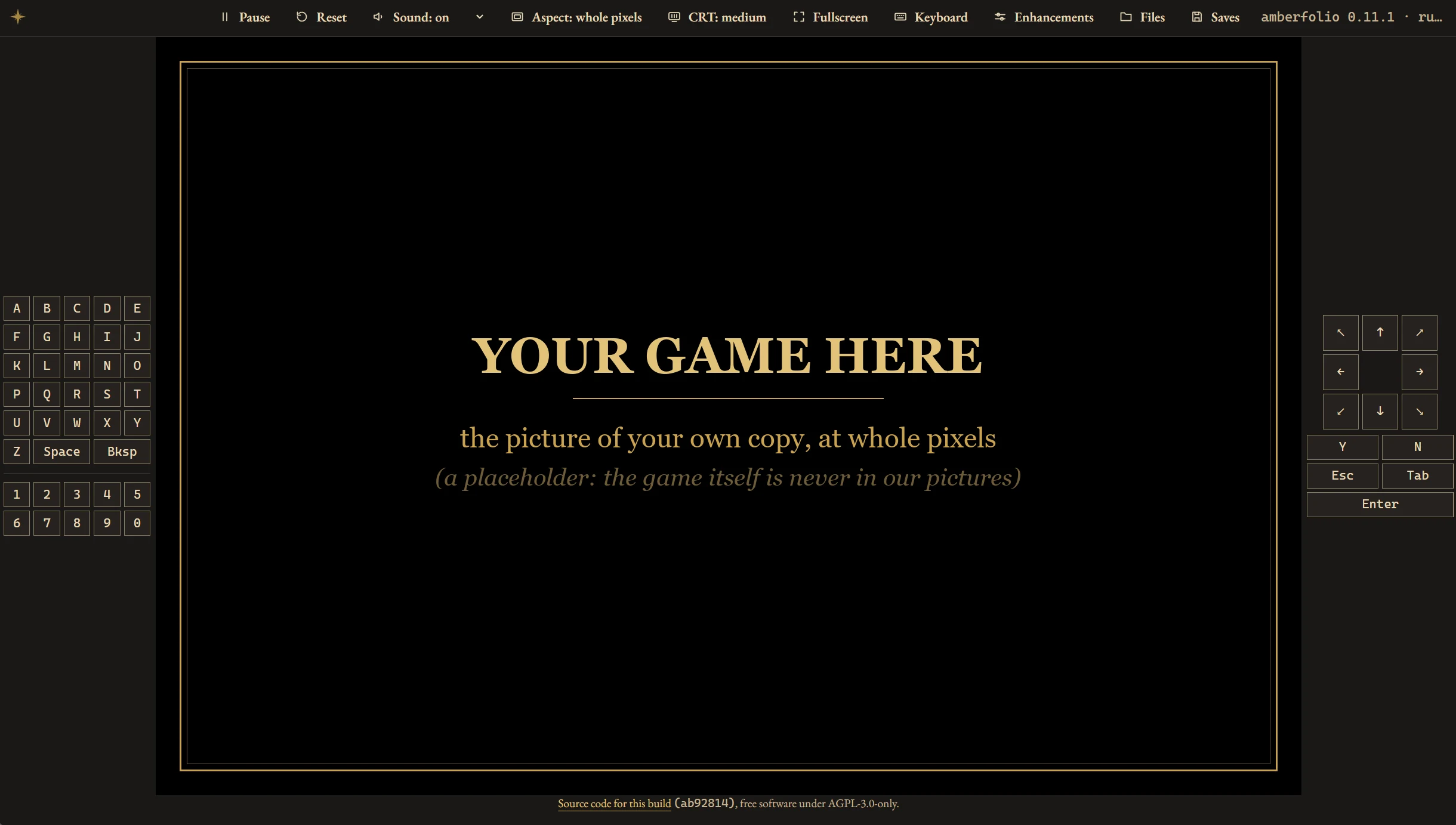 The Amber Folio player, a painted keyboard either side of a placeholder where the game's picture would be